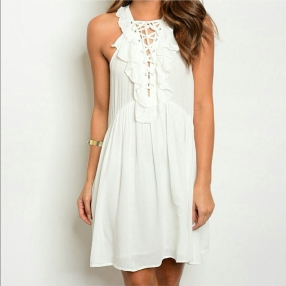 LACE Up White Ruffle Dress - Picture 1 of 2